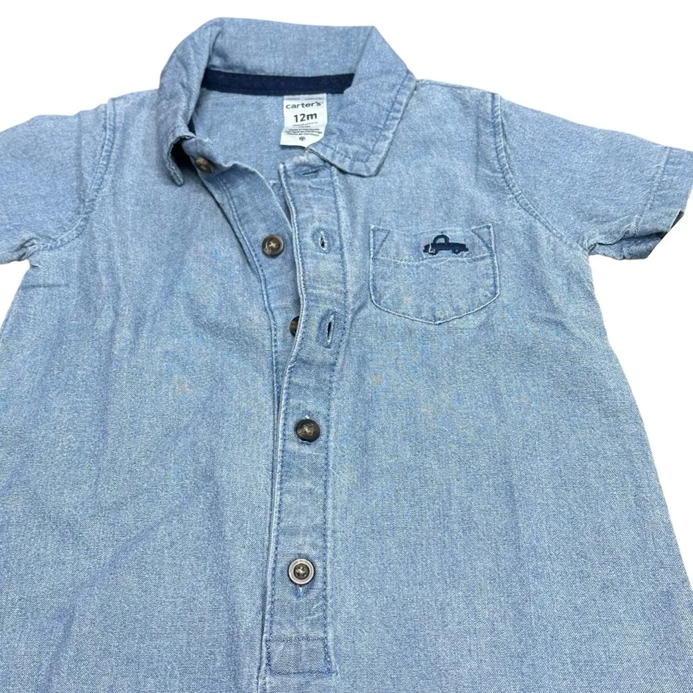 Carter’s‎ 12M Chambray Shortall Romper Blue Baby Outfit NWT Car Pocket